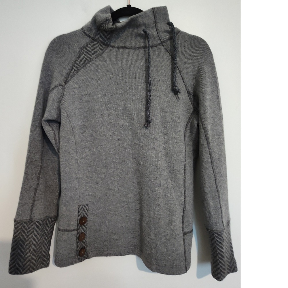 Prana Womens Gray Herringbone Funnel Neck Pullover Sweater Medium Thumbholes